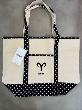 Zodiac Sign Shopping Canvas Tote Bag Black Star Horoscope Gifts - Aries